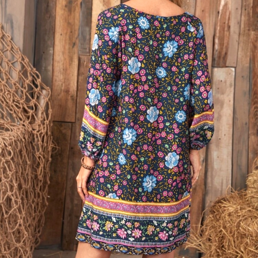 NEW Shift Dress Floral Print Pullover 3/4 Sleeve with Elastic Emery Rose Large - Picture 2 of 7
